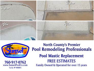 Sunset Pool Co Photos Recent projects by Sunset Pool Co. including solar, rust stain repair, resurfacing (replastering a pool), tile cleaning & repair,