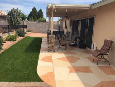 Emerine Phase 3 Extended patio concrete and added concrete stamping. Installed double gate, Turf and planted new palms. Panted exterior, ran new electr