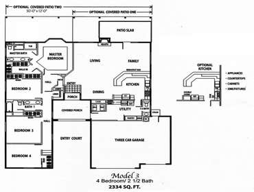 Wild Flower West Homes - Plan #3 Plan #3 is 2,334 square feet with four bedrooms and two and a half bathrooms. It has a large entry court with a covere