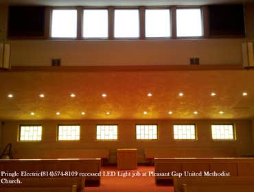 Photo(s) from Pringle Electrical Services United Methodist Church Pleasant Gap Pa 16823 led lighting install back pews