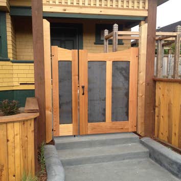 Photos by Top Notch Carpentry Inc #1 Double offset entry gate. Crafted from western red cedar with mortise and tenon joinery. High quality hinges and l