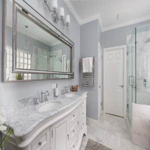 Bathroom Photos by Renaissance Contracting, LLC #2 Remodel of bathroom, frameless glass, marble tile, towel warmer