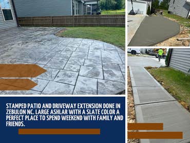 Stamped patio and driveway extension done in Zebulon nc. Large Ashlar with a slate color a perfect place to spend weekend with f
