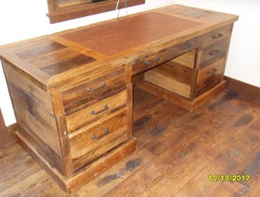 custom bath and desk Custom barn wood bath vanities and barn wood desk. Custom Desk has a leather top, pull out tray for printer, key board and a 2 dra