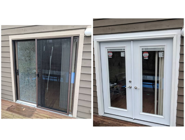 Photos by Duckett Carpentry #2 Broken sliding door with broken glass. We installed new french doors and installed veranda exterior door trim that will 
