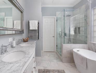 Bathroom Photos by Renaissance Contracting, LLC #2 Remodel of bathroom, frameless glass, marble tile, towel warmer