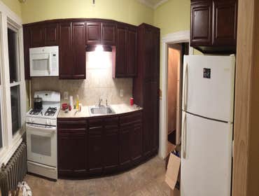 Kitchen remodeled Removed old cabinets, floor and appliances.
Tiled kitchen floor.
Installed new cabinets, appliances, counter top, electrical and pl