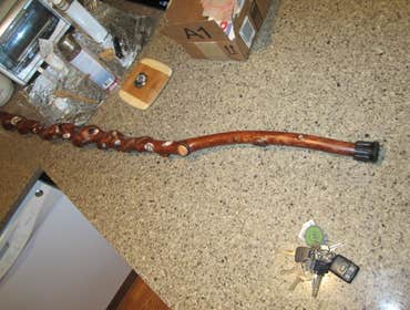 Photos by Charvet Enterprises #6 custom family tree walking stick for a friend who lost her father.. white spinning maple root pealed and stained with 