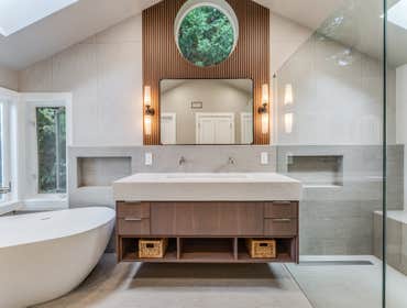 Full Bathroom Remodel High-quality tiles, luxurious countertops, elegant vanities, sanitary ware from world top manufacturers, modern shower systems an