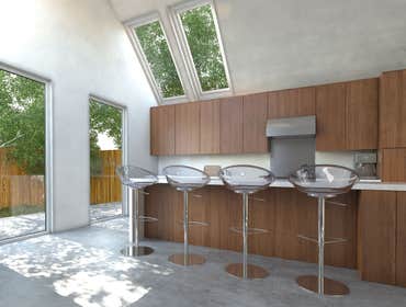 Photos by EOL Builders #70 Finished ADU. Compact modern open-plan kitchen with wooden cabinets, a bar counter, and contemporary modular stools
