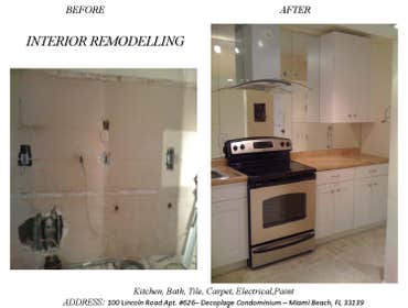 Decoplage Condo Total Remodelling, South Beach Total demo of condo unit and convert 1/1 to a 2/2. New kitchen cabinets and countertops, bathrooms, floo