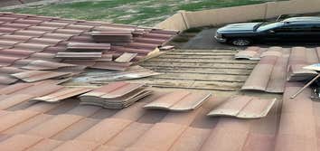 Photos by Jilek Roofing #1 Removed tiles above roof leak area. Replace roof tile underlayment and replace roof tile.