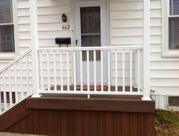 Project photos from Griesemer Construction The exterior of this porch was old deteriorated concrete with a aluminum posts & roof.Now it's trex lumber d