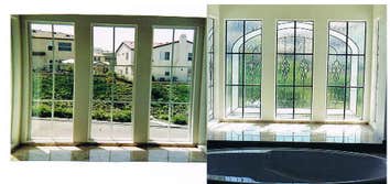 Classic Leaded Glass Living Room Here is a classic leaded glass living room with the half round high windows and the front door. Clear glass types wit