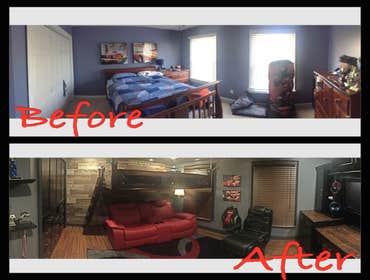 The Ultimate Boys' Room Makeover This is an amazing room transformation for a 10 yr old boy. They took kitchen cabinets and created a custom entertai