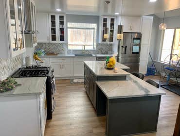 Kitchen Remodel in Moreno Valley Ca White Shaker Cabinets with New Blue Quartzite & Chevron Marble Full Backsplash