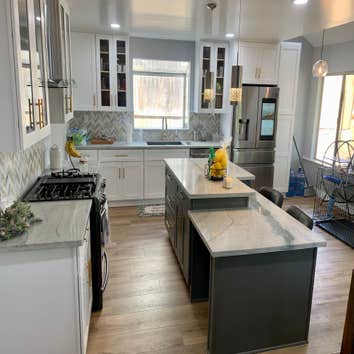 Kitchen Remodel in Moreno Valley Ca White Shaker Cabinets with New Blue Quartzite & Chevron Marble Full Backsplash