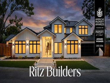 This Los Altos luxury custom home built by Ritz Builders showcases a modern farmhouse-inspired exterior with balanced proportions, large windows, and w