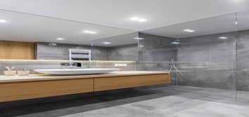 West Covina, CA - Bathroom Remodeling One of our amazing projects, beautiful new bathroom remodeling.
Modern grey and wood color bathroom, frameless bi