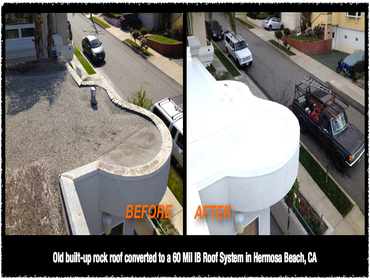IB Roof System - Hermosa Beach, CA Old built-up rock roof converted to a white, 60 Mil BVC IB Roof System. This product meets California Title 24 requi