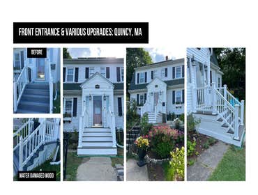 Custom Entrances and Rear Roof Addition - Quincy MA Rebuild of front of house and back of house entrance stairs with composite Fiberon / Trex deck boar