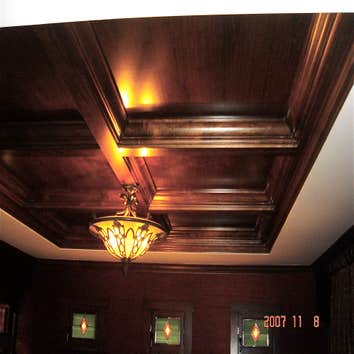 Walnut room Office/Husbands retreat. Features Solid walnut lower cabinet, with upper open shelf cabinets with glass shelves and lighting in upper cabi