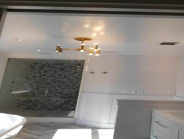 Walking shower , free stand tub Create walking shower, free stand tub, wainscot around bathroom